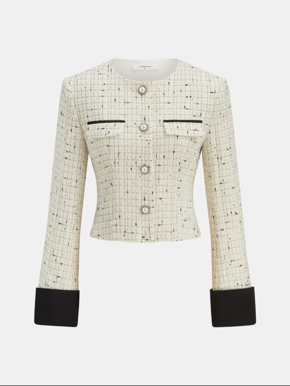 Commense Cream Tweed Cropped Jacket with Black Trim